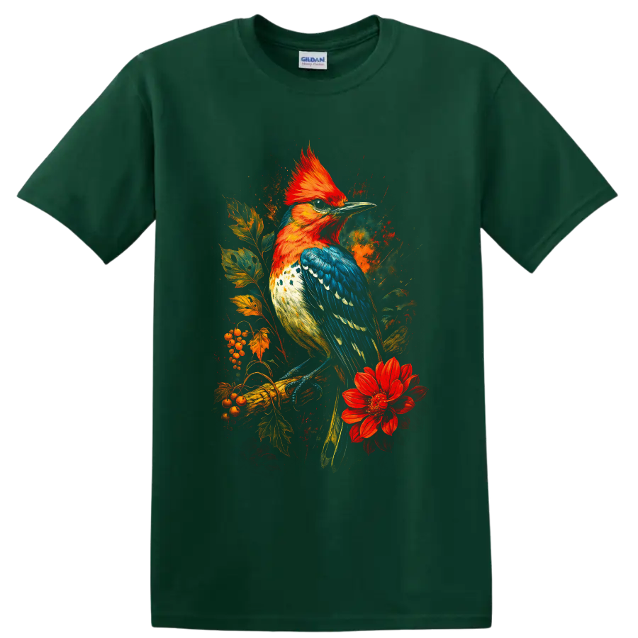 Crested woodpecker with autumn leaves, berries, and red flower in painterly art on a Forest Green T Shirt