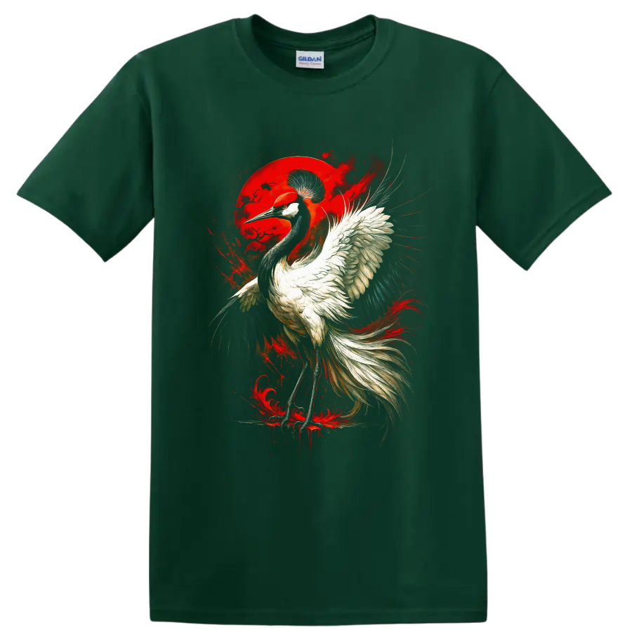 Red-crowned crane with sweeping wings before a crimson moon in gothic bird art on a Forest Green T Shirt