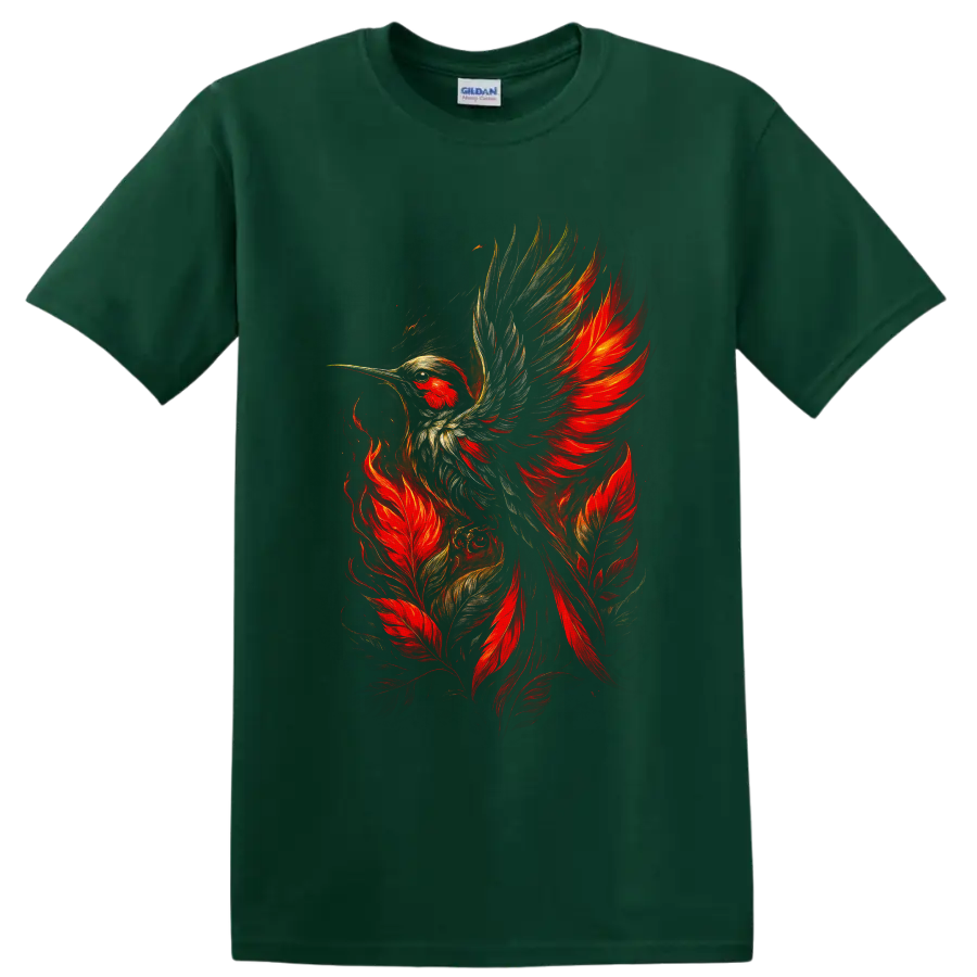 Fiery hummingbird in flight with red feathers and painterly gold wing details on a Forest Green T Shirt