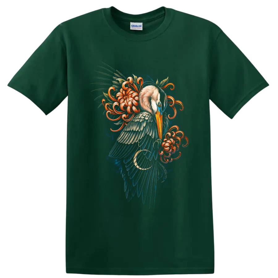 Japanese-inspired heron illustration with blue feathers and curling orange flowers on a Forest Green T Shirt