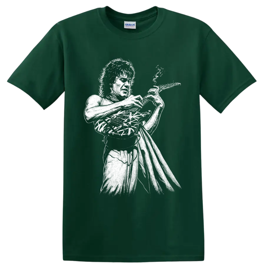 High-contrast Eddie Van Halen guitarist portrait graphic on a T shirt on a Forest Green T Shirt