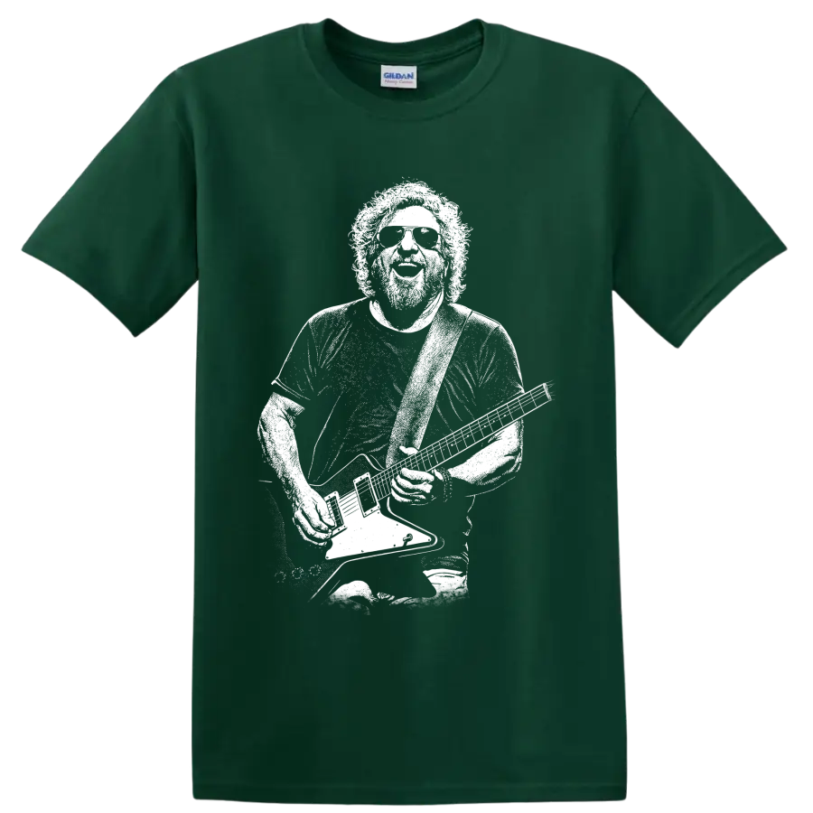 Sammy Hagar holding a guitar in a high-contrast pixelated portrait graphic T-shirt design on a Forest Green T Shirt