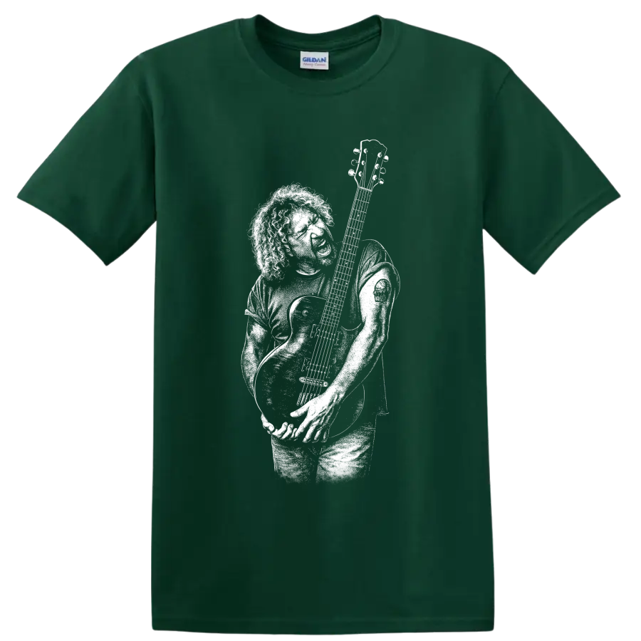 Jerry Garcia guitarist portrait graphic print T shirt design on a Forest Green T Shirt