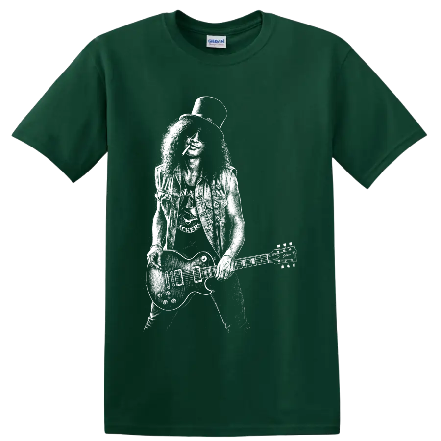 White Slash guitarist portrait with top hat, sunglasses, and guitar graphic on a T shirt on a Forest Green T Shirt