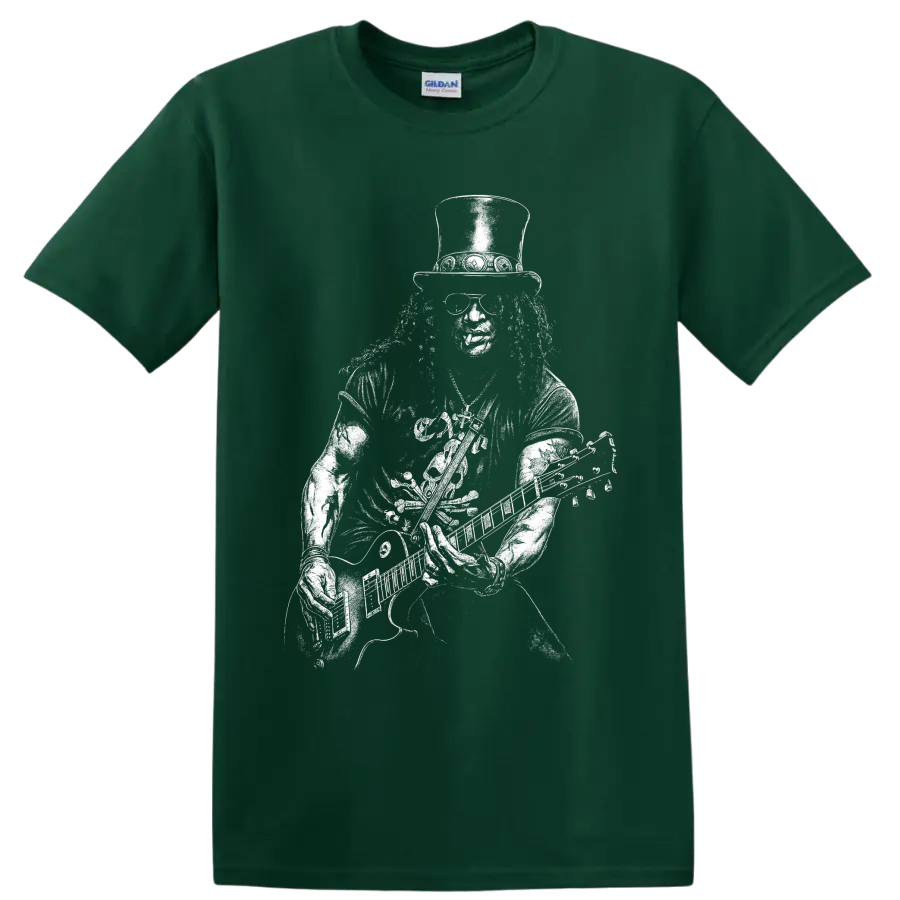Black-and-white Slash guitarist portrait graphic with top hat and sunglasses on a Forest Green T Shirt