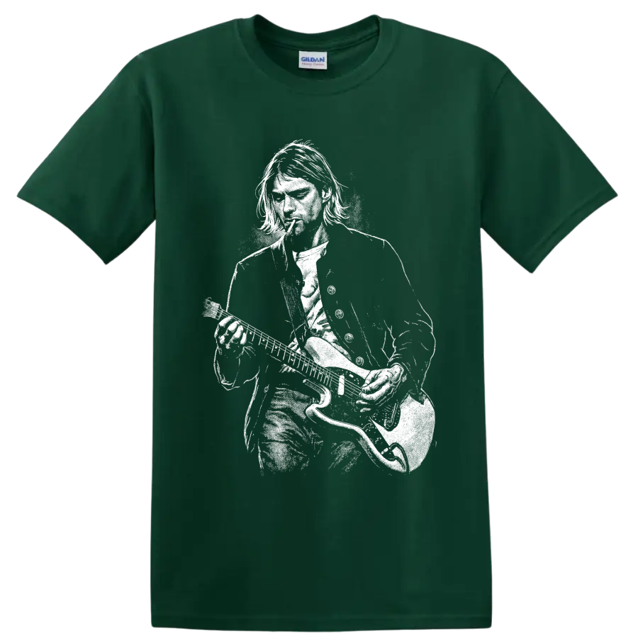 Kurt Cobain holding a guitar in a high-contrast black-and-white portrait graphic T shirt design on a Forest Green T Shirt