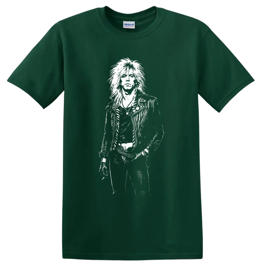 Monochrome Duff McKagan portrait holding a bass guitar on a graphic T shirt on a Forest Green T Shirt