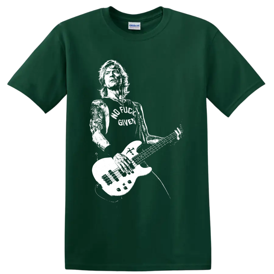 Duff McKagan-style bassist silhouette playing electric bass on a graphic T-shirt design on a Forest Green T Shirt