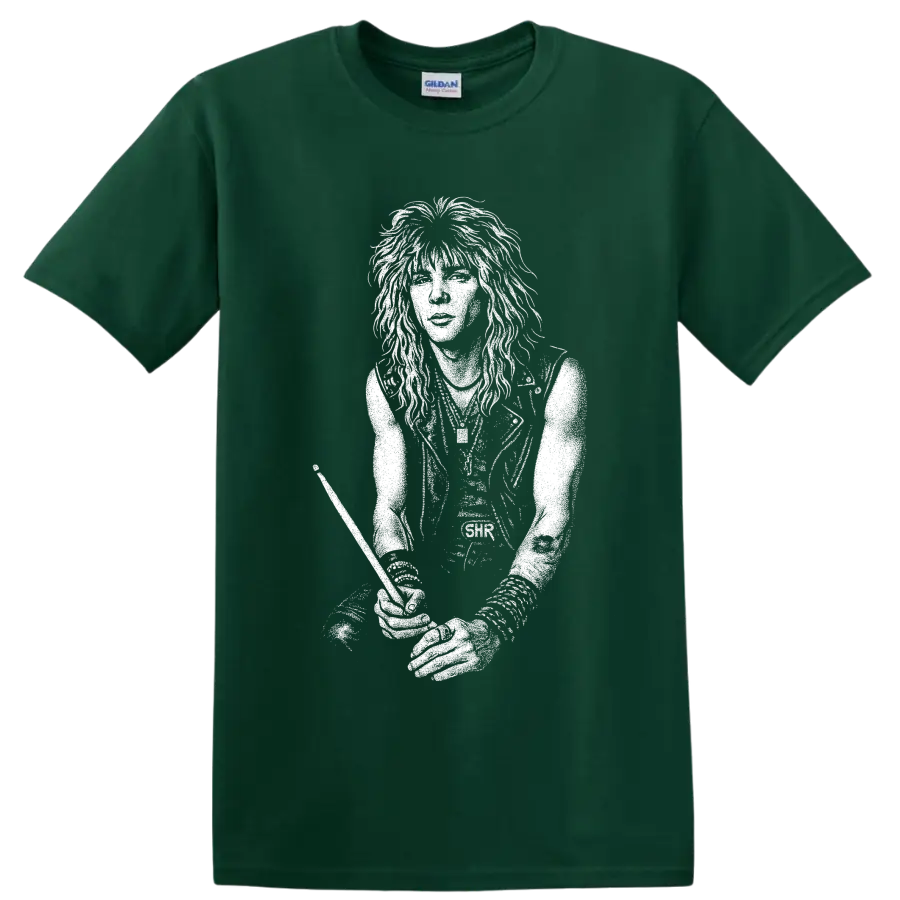 Black-and-white graphic portrait of Duff McKagan with long hair in a bold rock illustration style on a Forest Green T Shirt