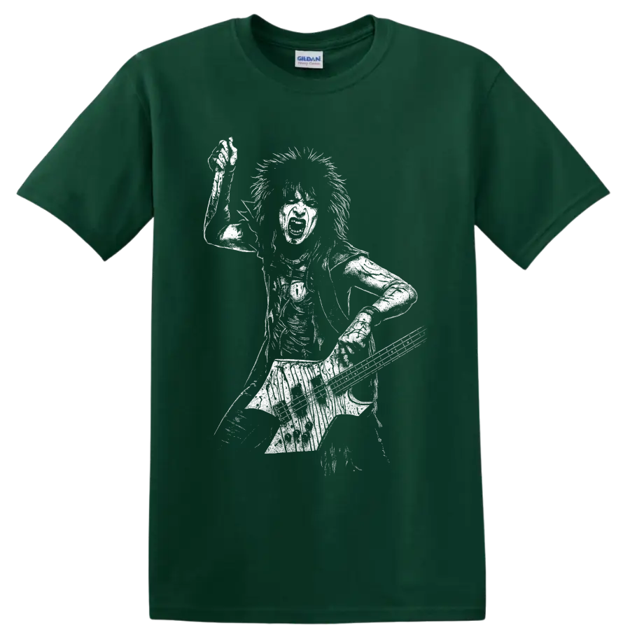 White graphic silhouette of Nikki Sixx playing bass guitar on a rock musician T shirt on a Forest Green T Shirt