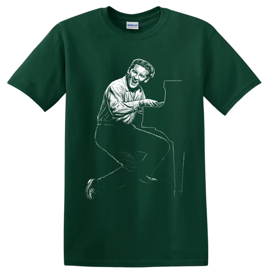 Jerry Lee Lewis-style monochrome graphic of a rock and roll pianist performing at a piano on a T on a Forest Green T Shirt