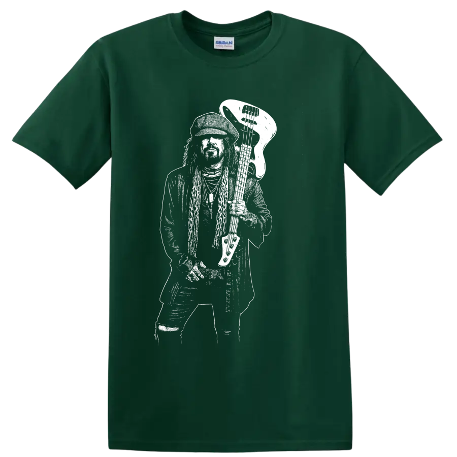 High-contrast Nikki Sixx portrait in a raw monochrome rock poster style on a Forest Green T Shirt