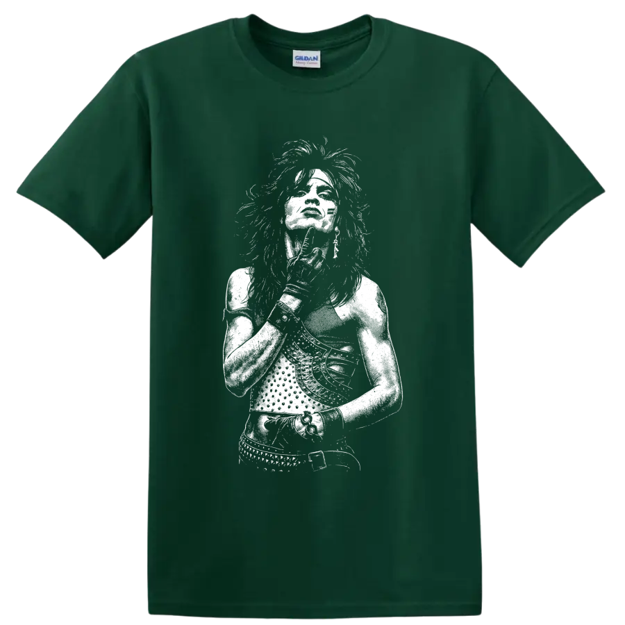 High-contrast white Tommy Lee portrait in a bold monochrome rock graphic style on a Forest Green T Shirt