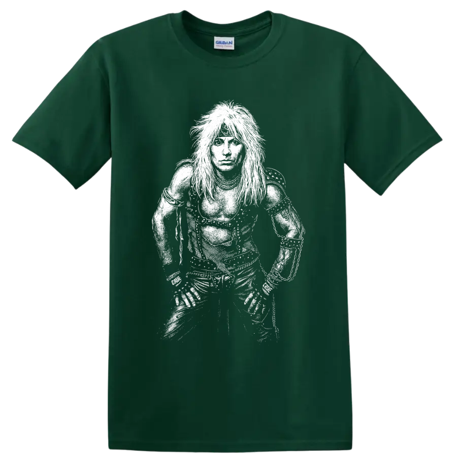High-contrast black-and-white Vince Neil portrait in a dramatic rock performance style on a Forest Green T Shirt