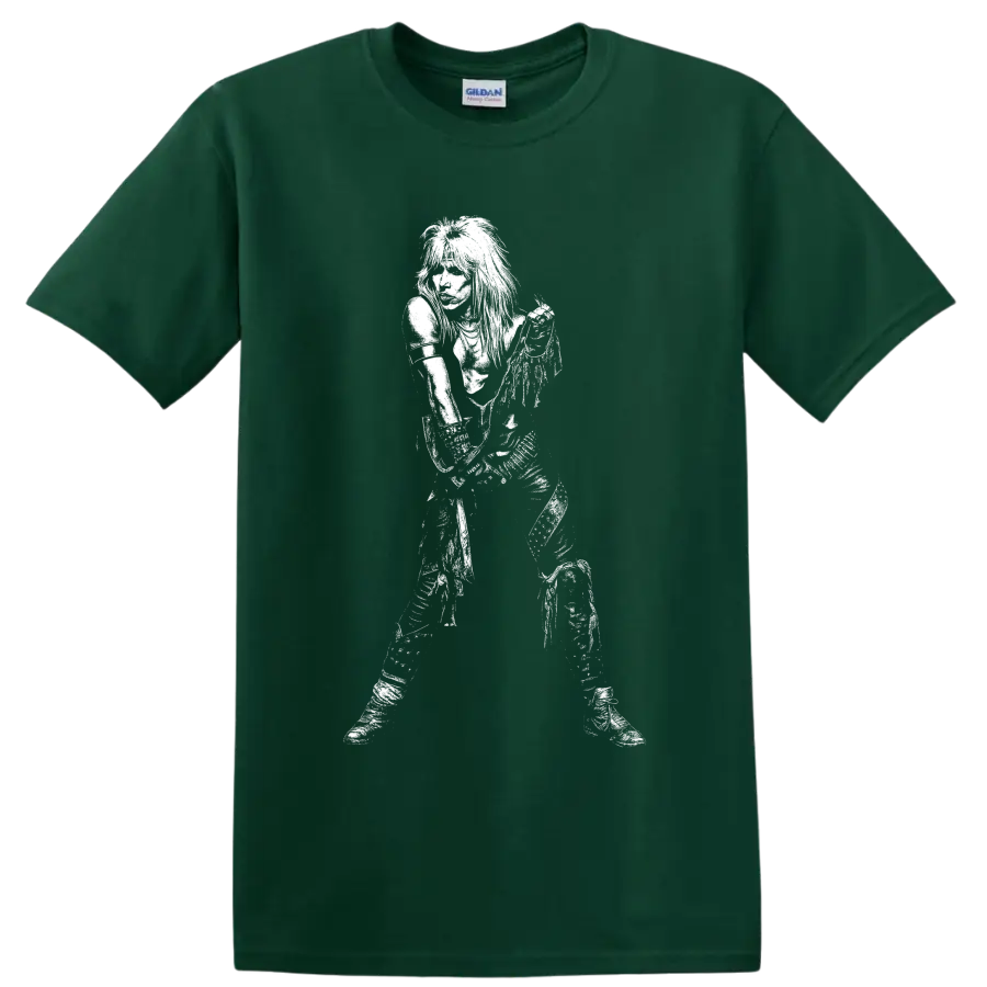 High-contrast black-and-white portrait of Vince Neil of Mötley Crüe on a Forest Green T Shirt