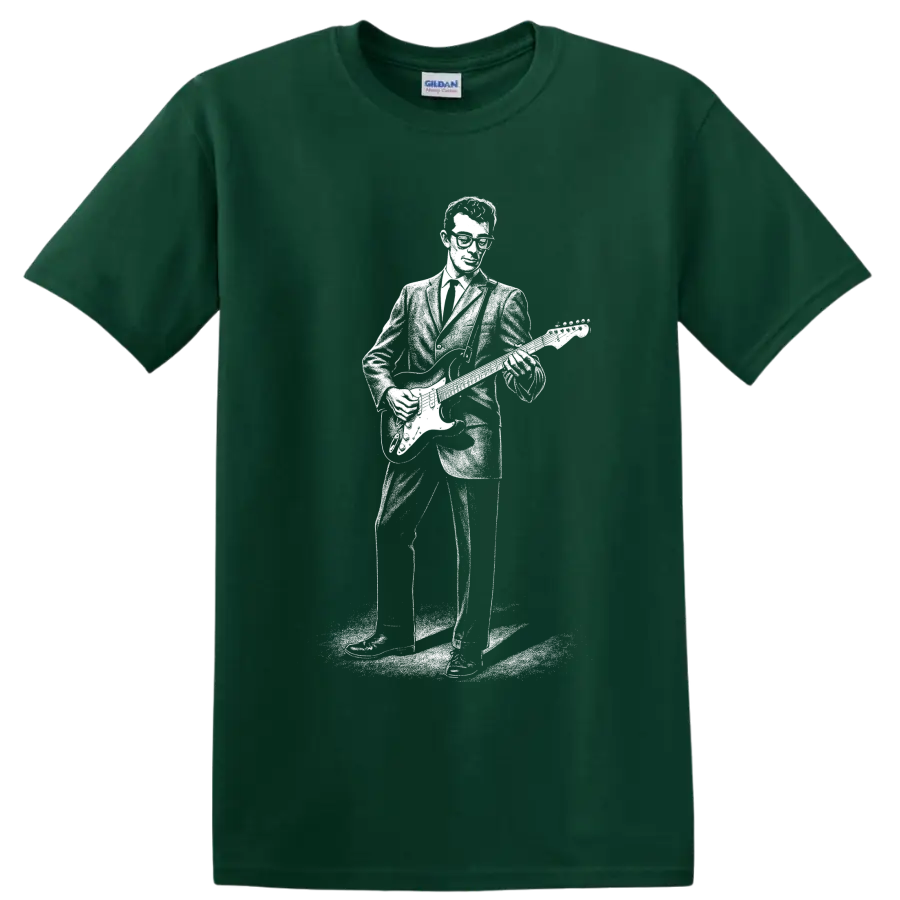 Buddy Holly inspired guitarist silhouette in bold vintage rock and roll style on a Forest Green T Shirt