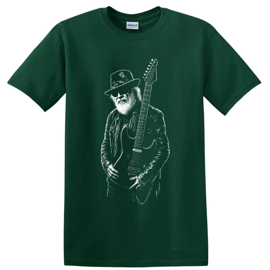 Billy Gibbons with electric guitar in bold monochrome rock portrait illustration on a Forest Green T Shirt