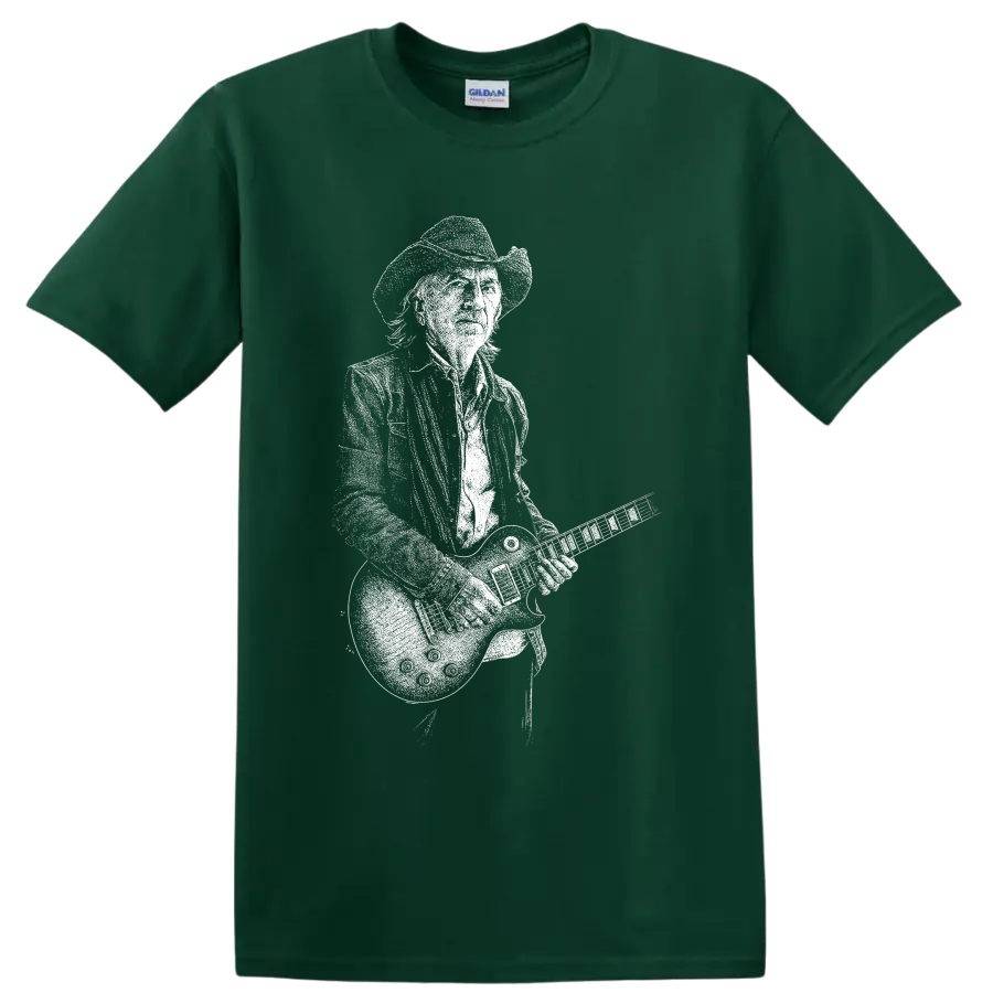 White silhouette of Stevie Ray Vaughan in hat playing guitar on a Forest Green T Shirt