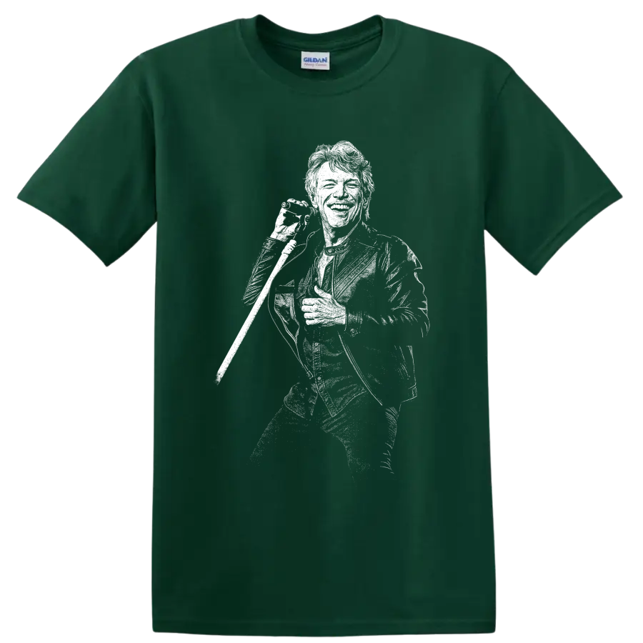 High-contrast Mick Jagger microphone portrait in black-and-white rock art on a Forest Green T Shirt