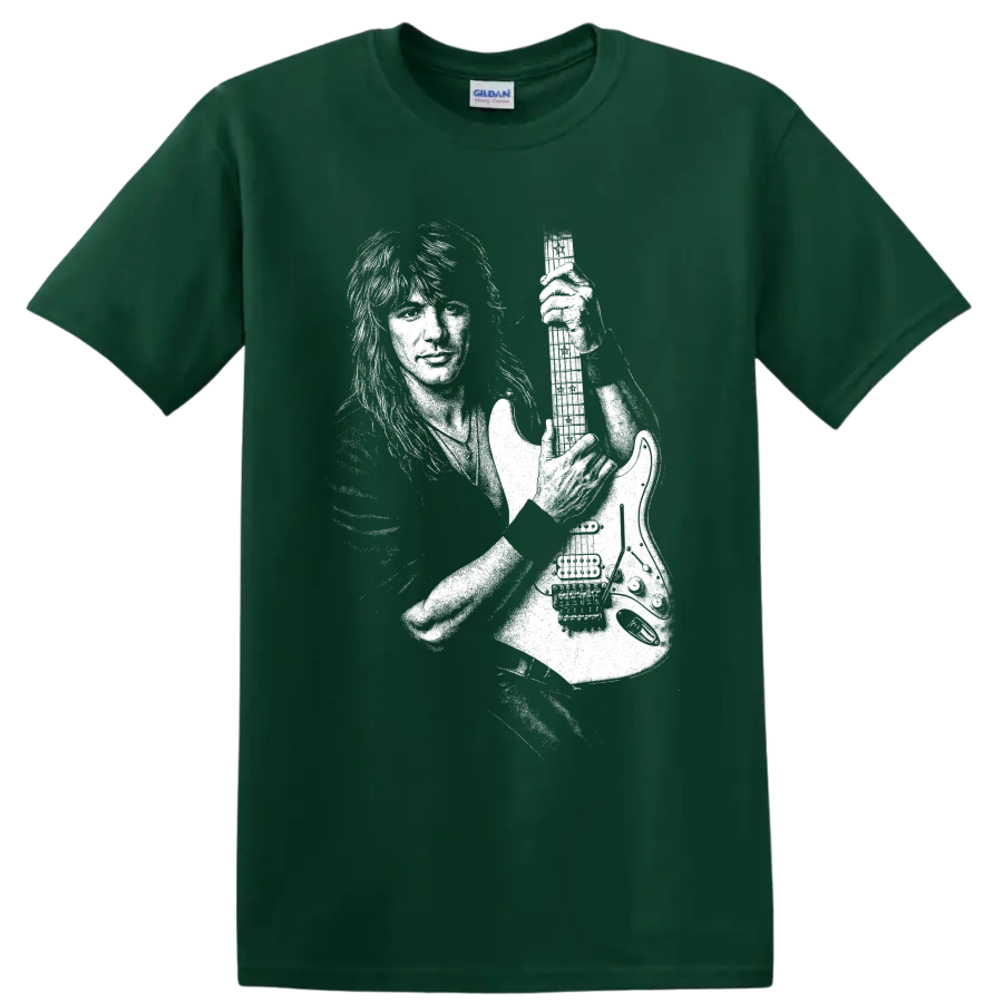 Black-and-white Richie Sambora guitarist stage portrait graphic on a Forest Green T Shirt