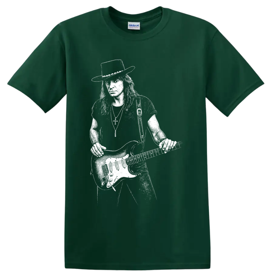 White guitarist performance silhouette with raised electric guitar on a Forest Green T Shirt