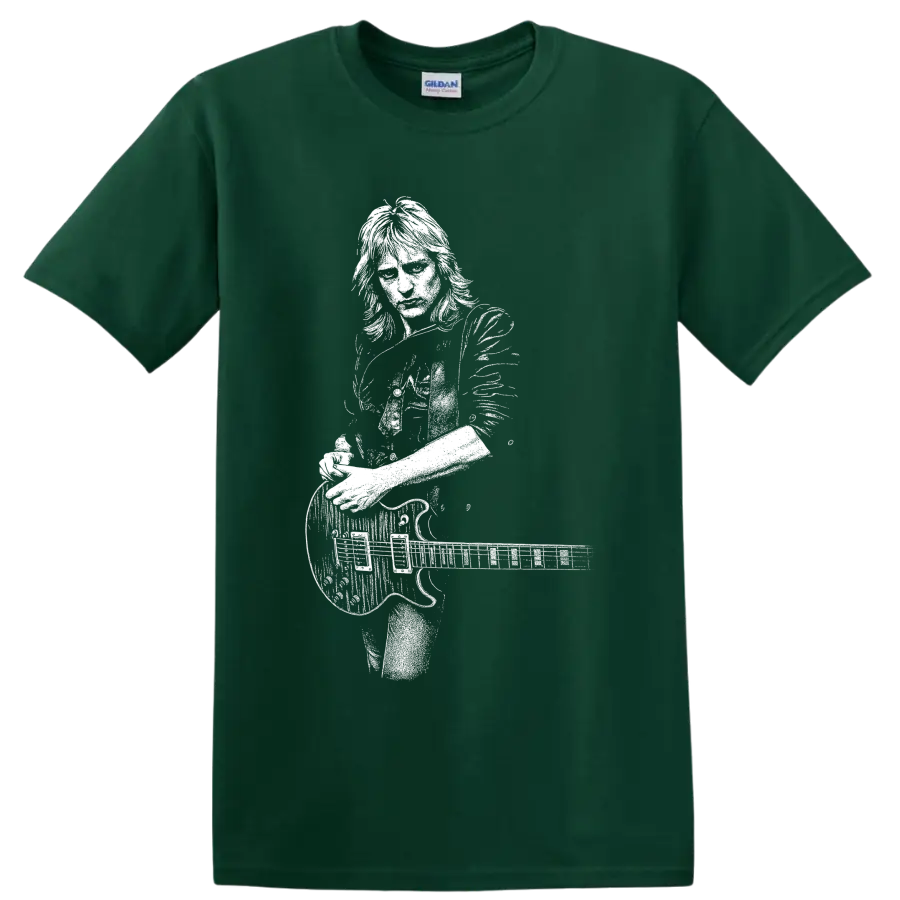 Phil Collen of Def Leppard playing guitar in a bold monochrome portrait illustration on a Forest Green T Shirt