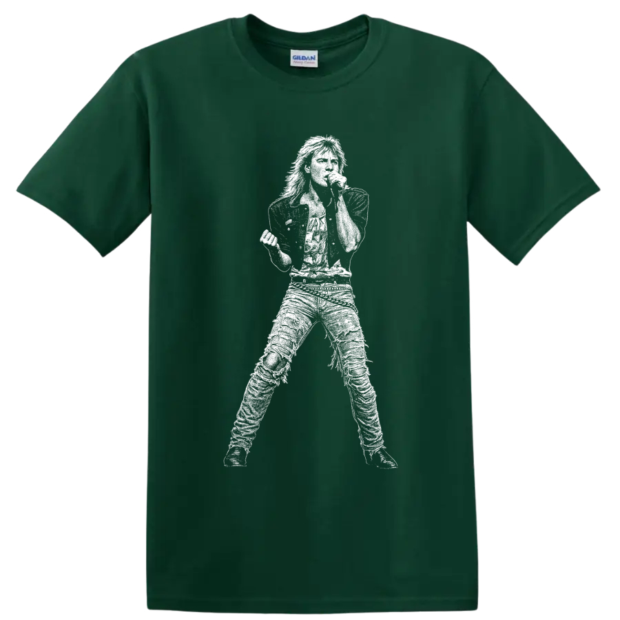 Joe Elliott Def Leppard singer silhouette holding microphone in bold graphic style on a Forest Green T Shirt