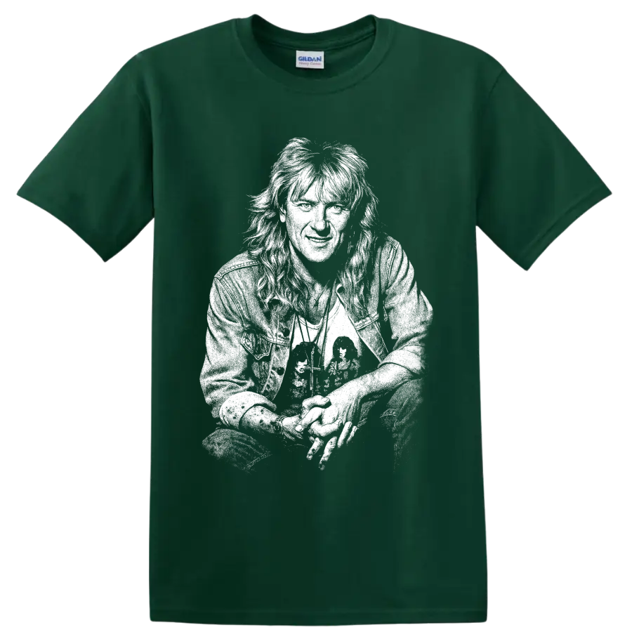 High-contrast Joe Elliott Def Leppard British rock singer portrait graphic on a Forest Green T Shirt