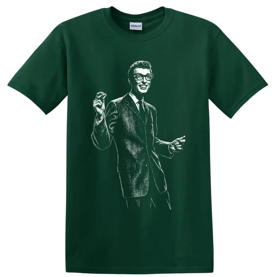 Buddy Holly guitarist silhouette in bold black-and-white rock and roll graphic style on a Forest Green T Shirt