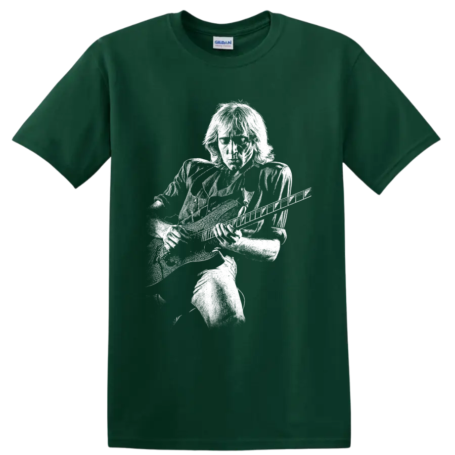 Glenn Tipton of Judas Priest playing guitar in a bold monochrome portrait design on a Forest Green T Shirt