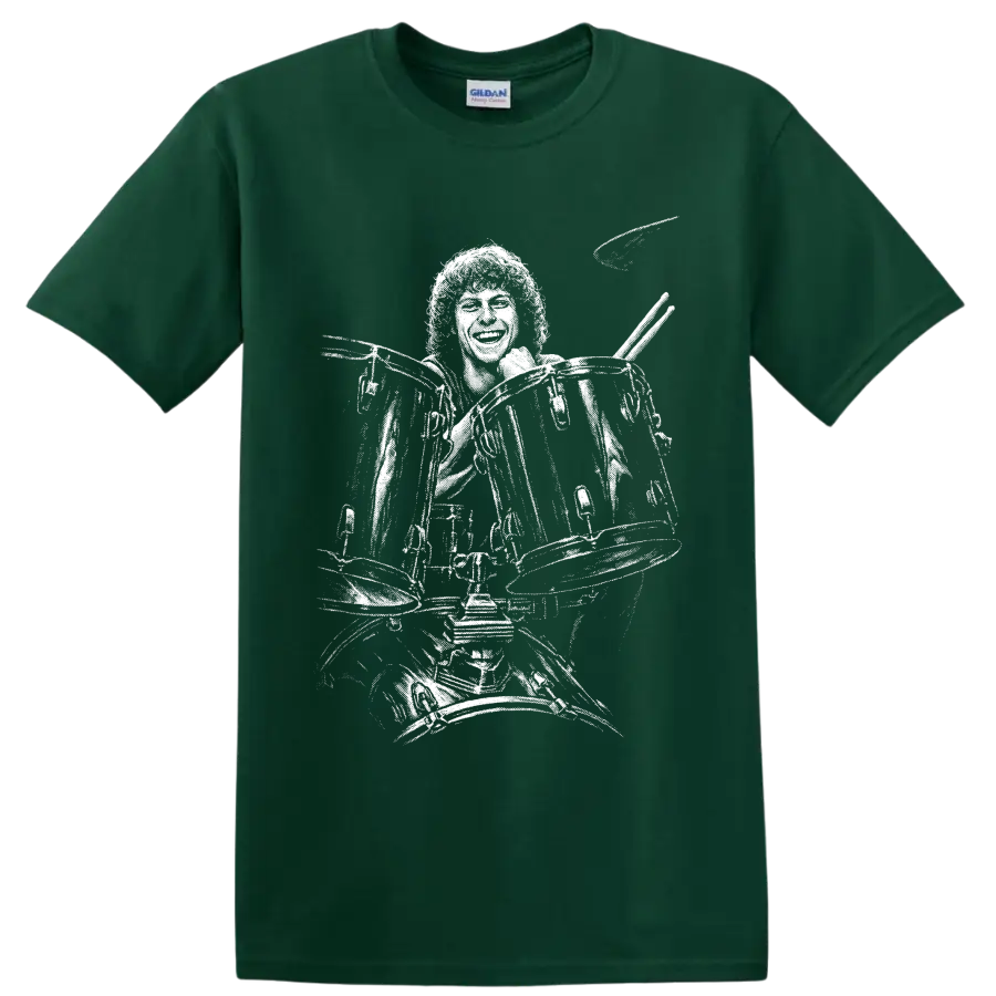 High-contrast Tommy Aldridge rock drummer silhouette performing behind a drum kit on a Forest Green T Shirt