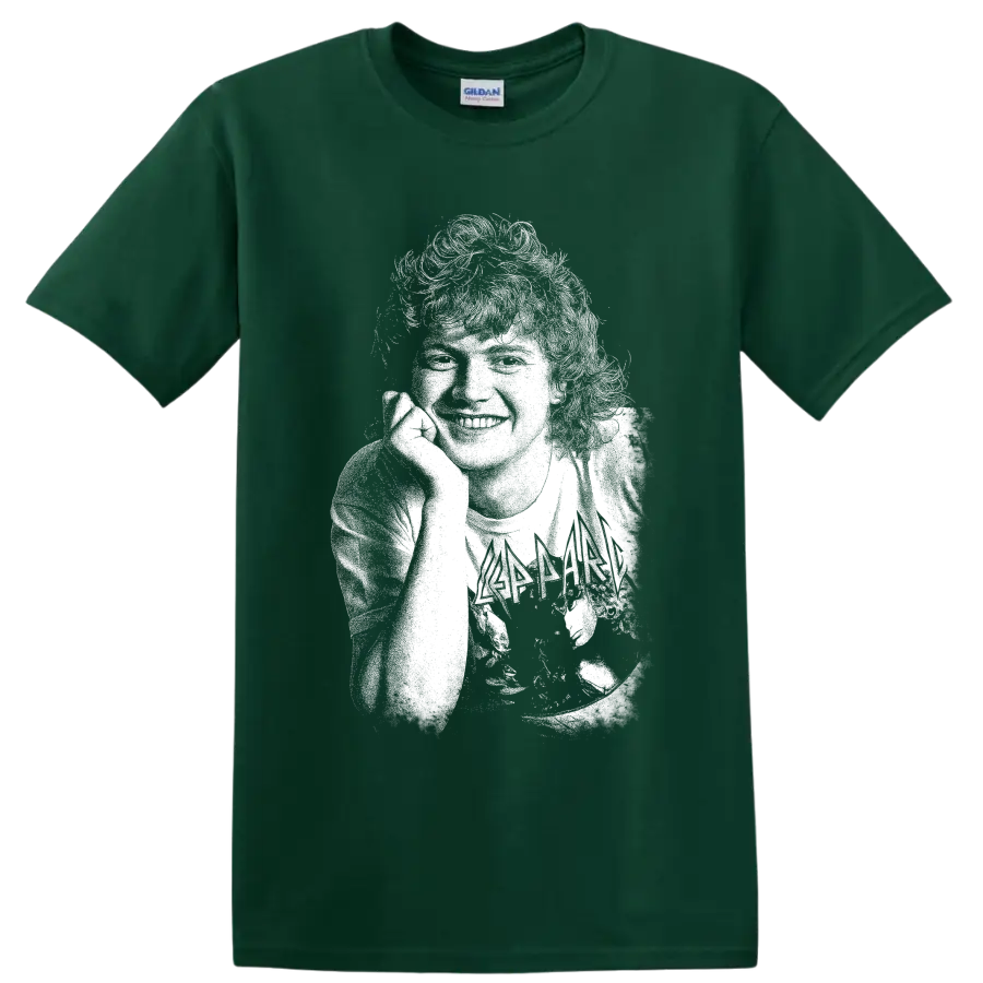 High-contrast Rick Allen drummer portrait with drum kit rock artwork on a Forest Green T Shirt