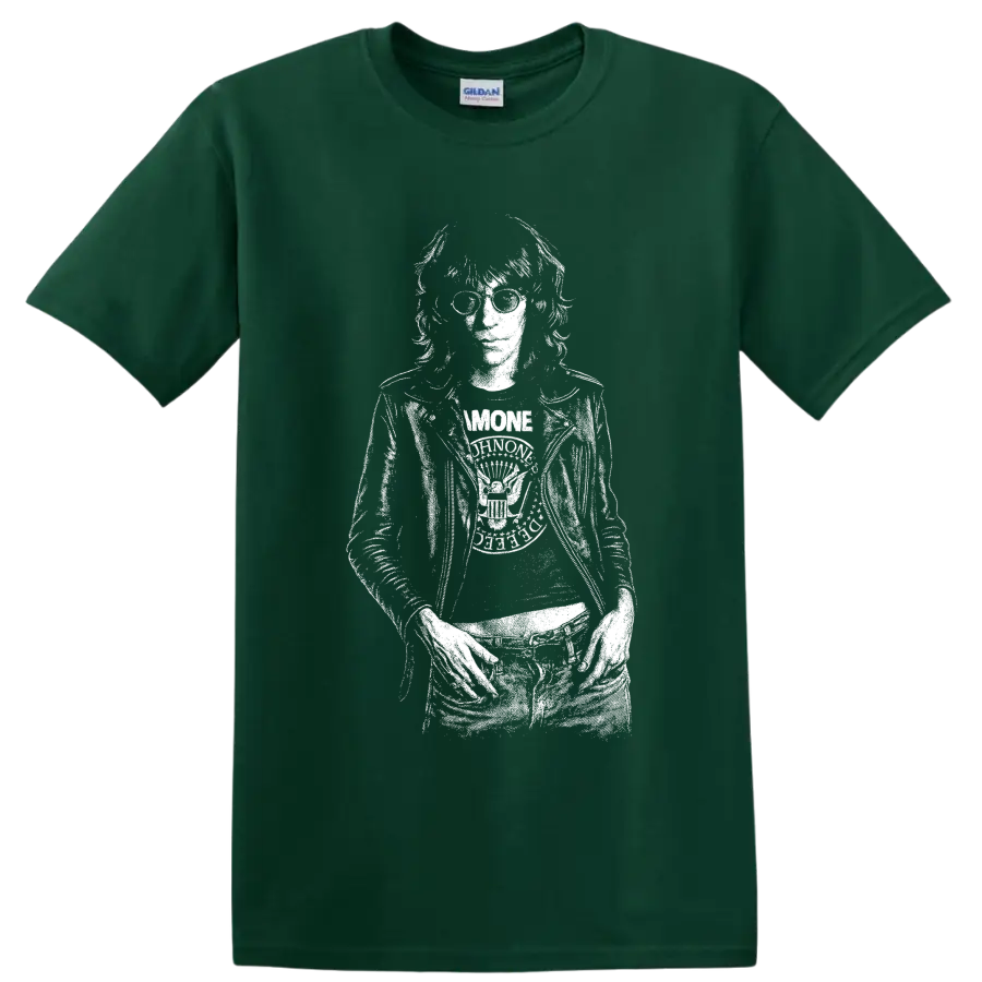 High-contrast black-and-white Joey Ramone punk rock singer portrait with microphone on a Forest Green T Shirt