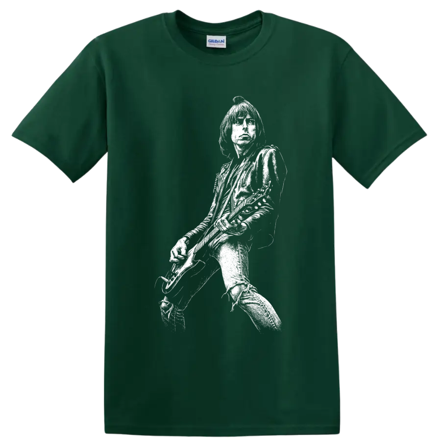 High-contrast Joey Ramone portrait with microphone in vintage punk rock style on a Forest Green T Shirt