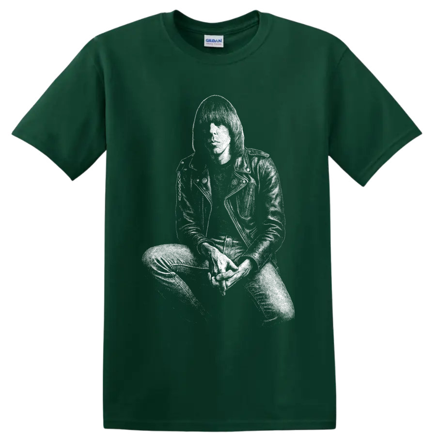 White stencil-style Joey Ramone portrait in sunglasses and leather jacket on a Forest Green T Shirt