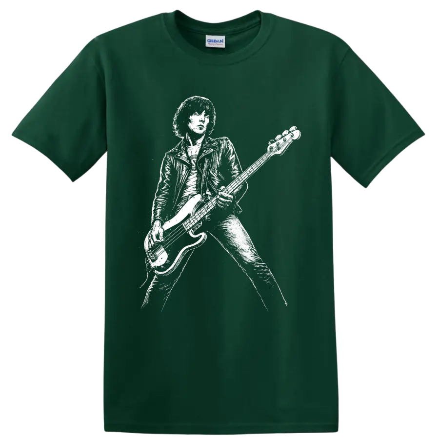 Dee Dee Ramone bass guitarist portrait in stark black-and-white punk style on a Forest Green T Shirt