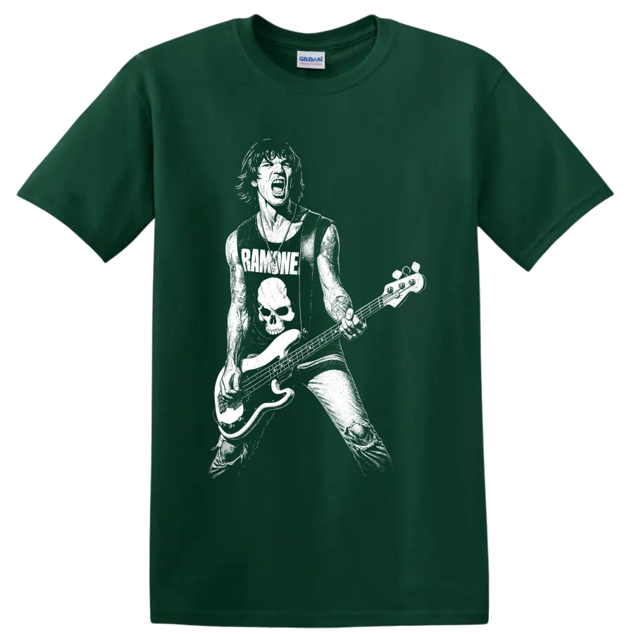 Dee Dee Ramone playing bass in a bold white punk rock silhouette on a Forest Green T Shirt