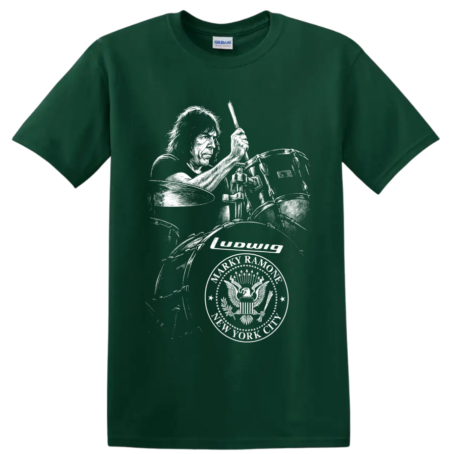 High-contrast Marky Ramone drummer portrait with drum kit in punk rock art on a Forest Green T Shirt