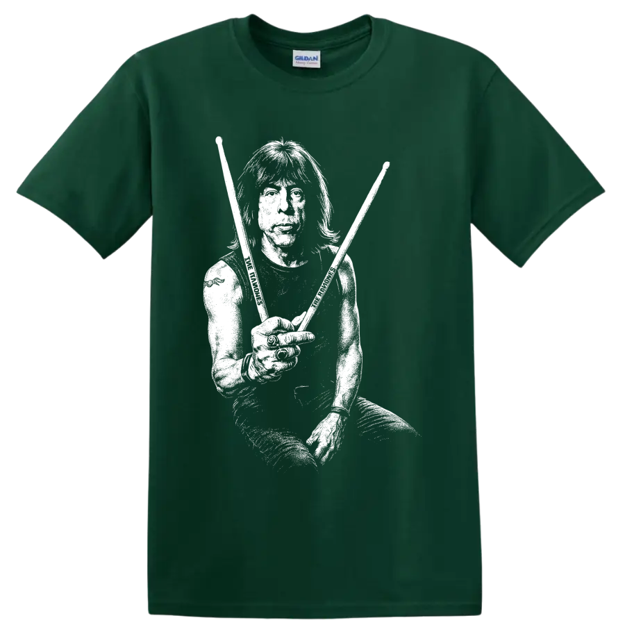 Marky Ramone portrait in stark black-and-white punk rock illustration on a Forest Green T Shirt