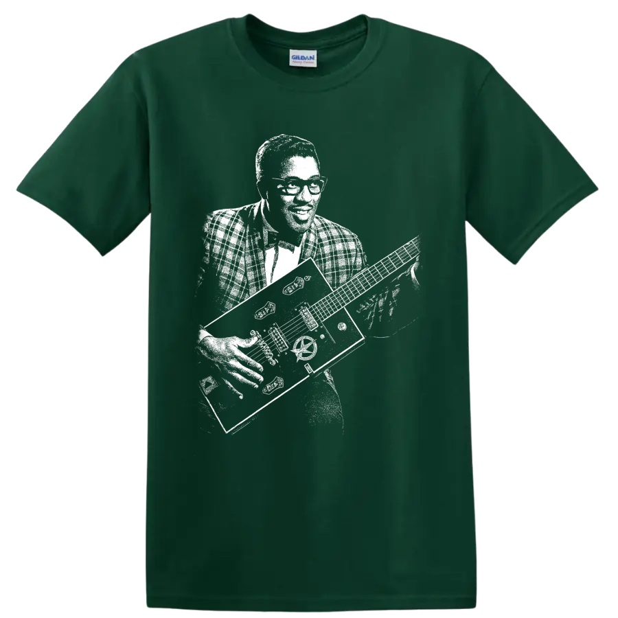 Bo Diddley black-and-white portrait with square guitar in vintage performance style on a Forest Green T Shirt