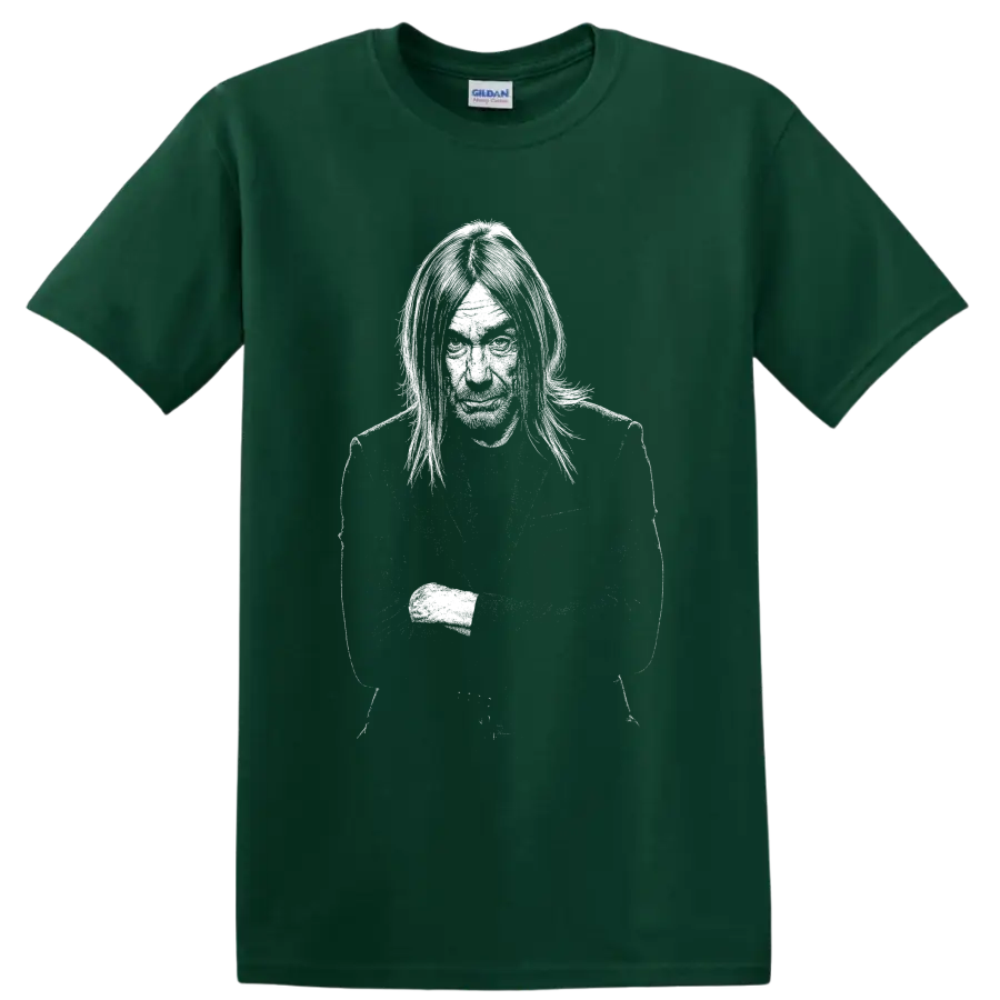 High-contrast Iggy Pop performance portrait graphic with microphone on a Forest Green T Shirt
