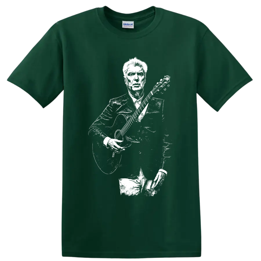 David Byrne with guitar in a high-contrast stencil portrait style on a Forest Green T Shirt