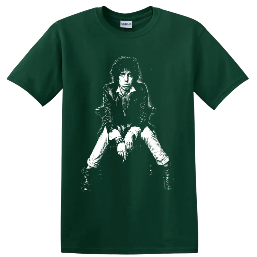 High-contrast Mick Jagger portrait graphic inspired by The Rolling Stones on a Forest Green T Shirt