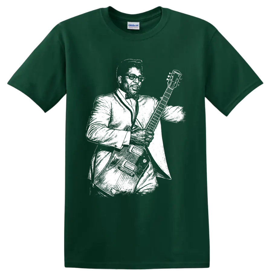 Bo Diddley playing guitar in bold white rock and roll silhouette artwork on a Forest Green T Shirt