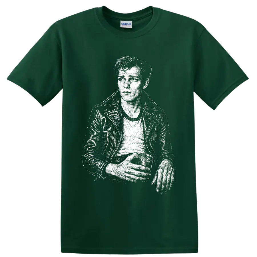 Paul Simonon of The Clash holding bass in a high-contrast pixelated portrait on a Forest Green T Shirt