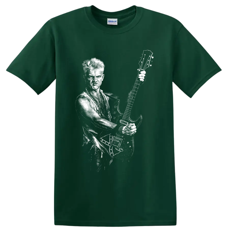 Billy Idol raised fist and microphone punk rock concert portrait graphic on a Forest Green T Shirt