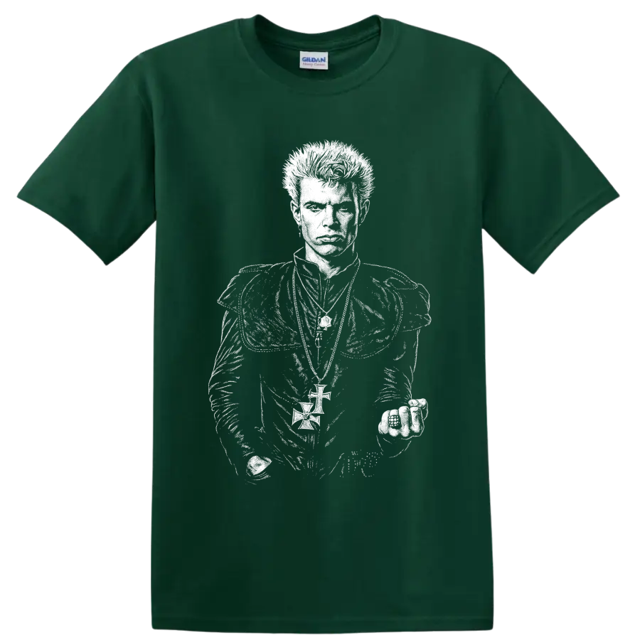 High-contrast Billy Idol portrait in a bold punk rock illustration style on a Forest Green T Shirt