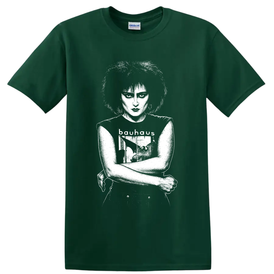 Monochrome Siouxsie Sioux portrait in a bold post-punk music graphic style on a Forest Green T Shirt