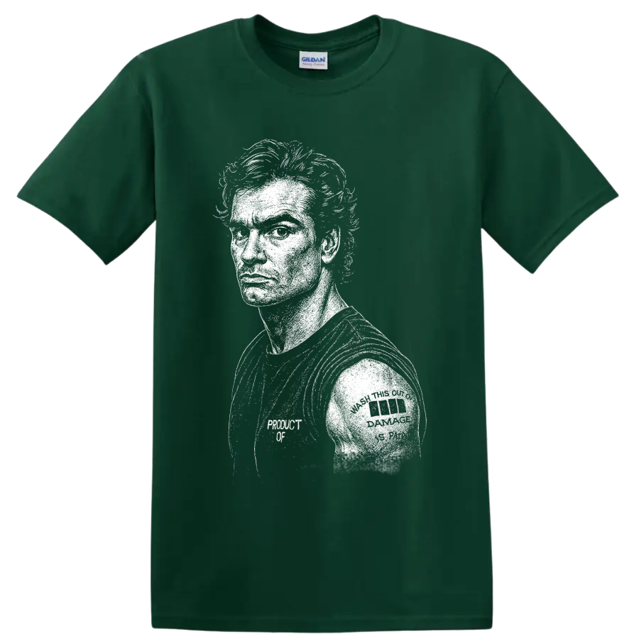 Stark distressed Henry Rollins portrait in Black Flag hardcore punk style on a Forest Green T Shirt