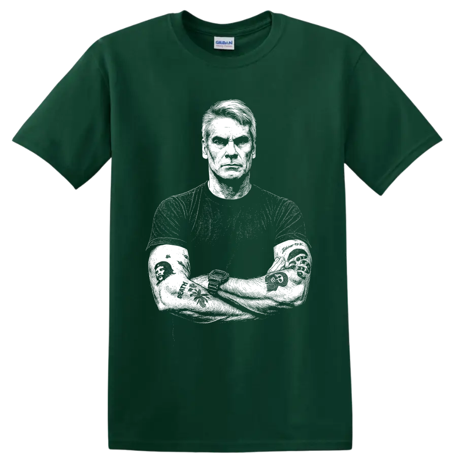 High-contrast black-and-white Henry Rollins Black Flag punk portrait graphic on a Forest Green T Shirt